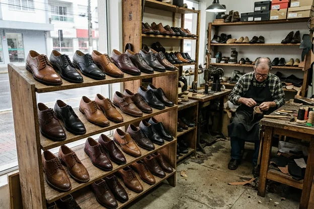 Diferentes modelos de sapatos sociais em exposição em Itajaí.
