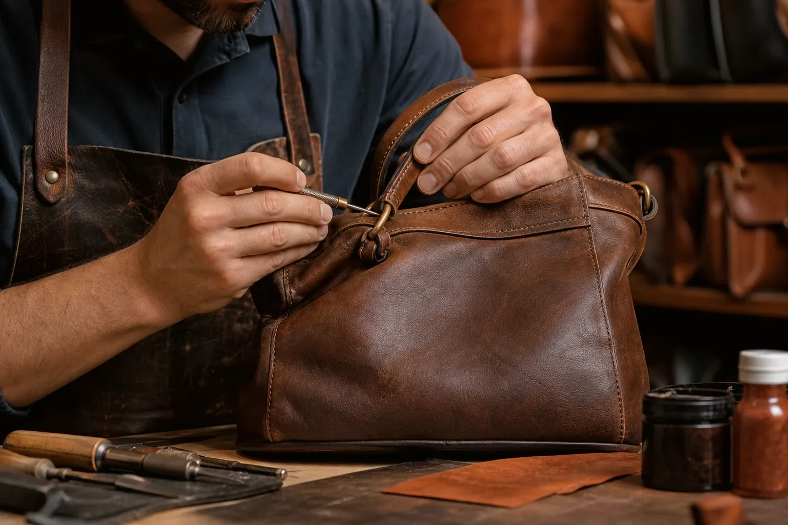 Sapateiro reformando bolsa de couro em Itajaí.